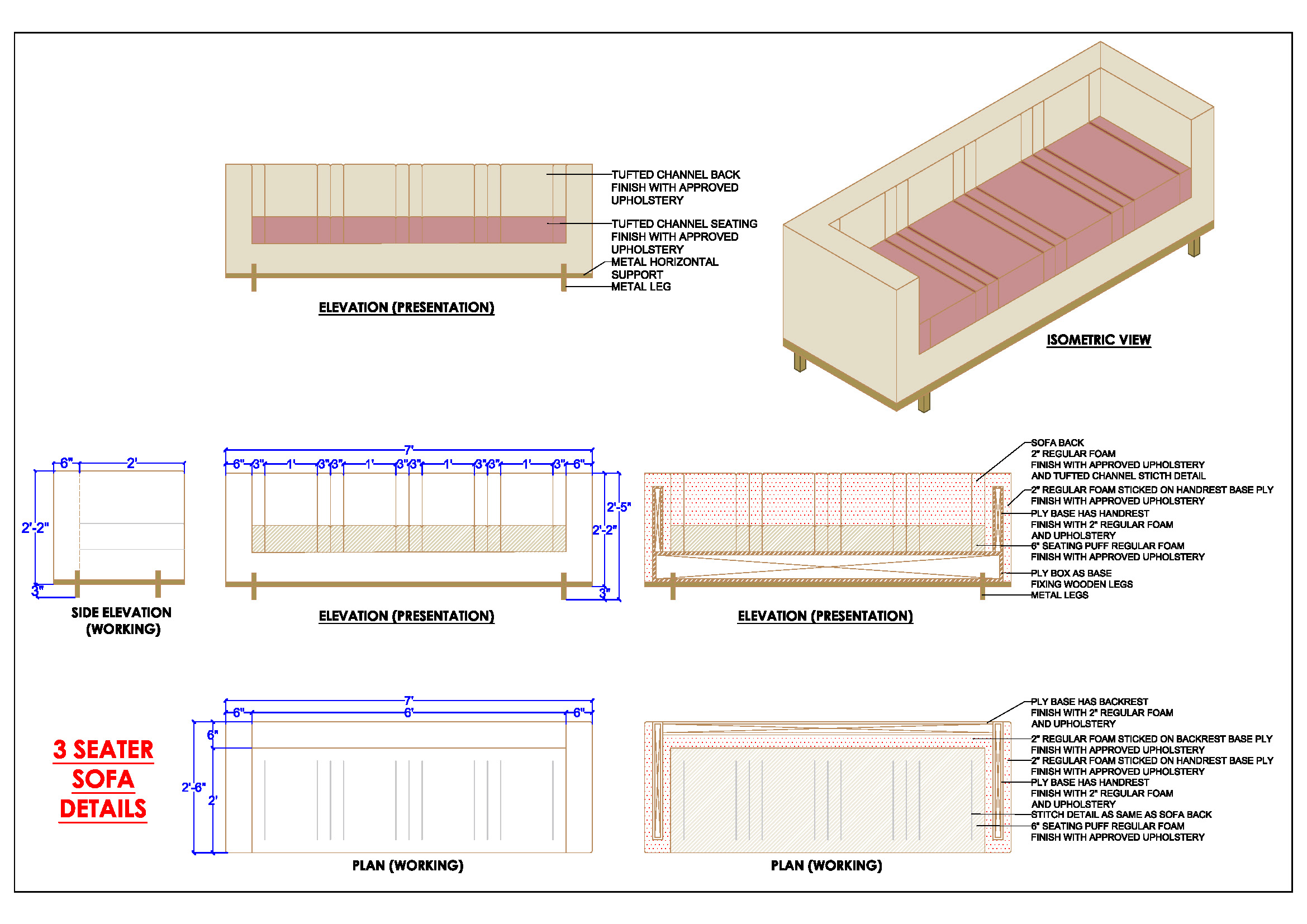 3-Seater Sofa CAD Drawing- 7' Length with Details